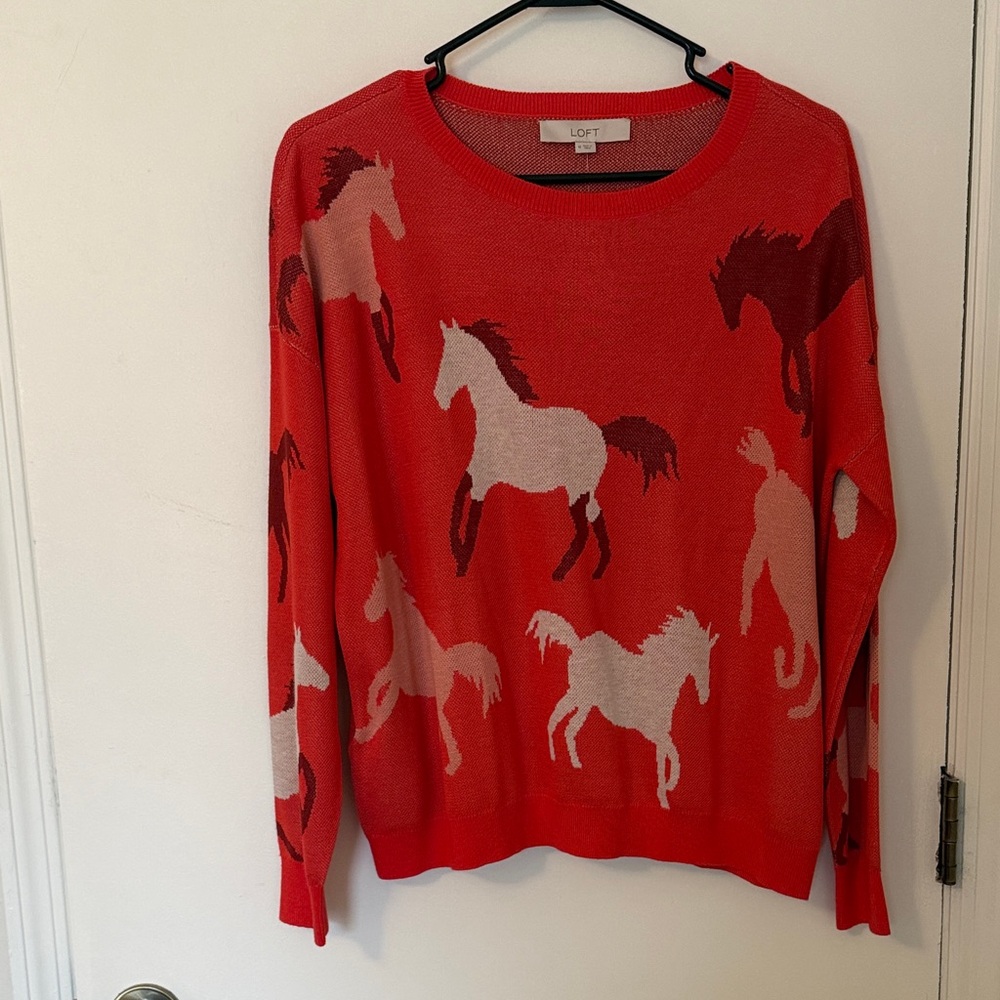 LOFT Red Horse-Pattern Crewneck Sweater